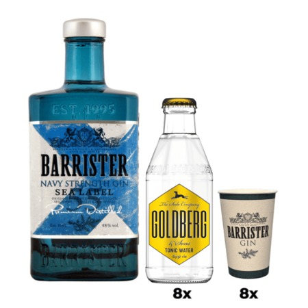 Barrister Navy Strength Gin + 8 x Goldberg Tonic + 8 x pohár